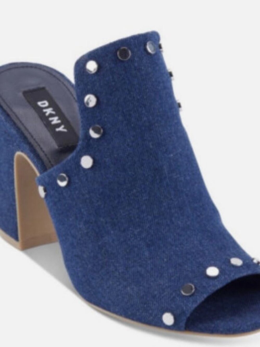 DKNY Denim Hester Studded Slip-On Mules Block Heel Open Toe Silver Studs Size 7M